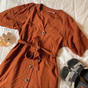 Eva Mendes Rust Color Linen Button Up Dress